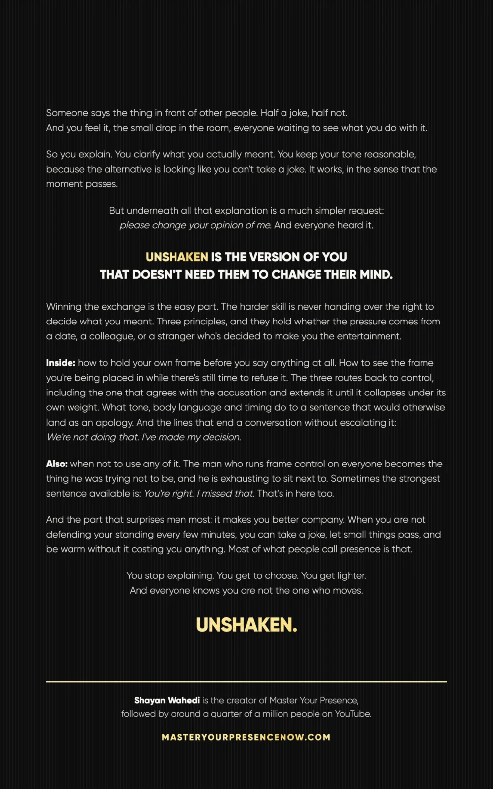 UNSHAKEN back cover: what the book covers